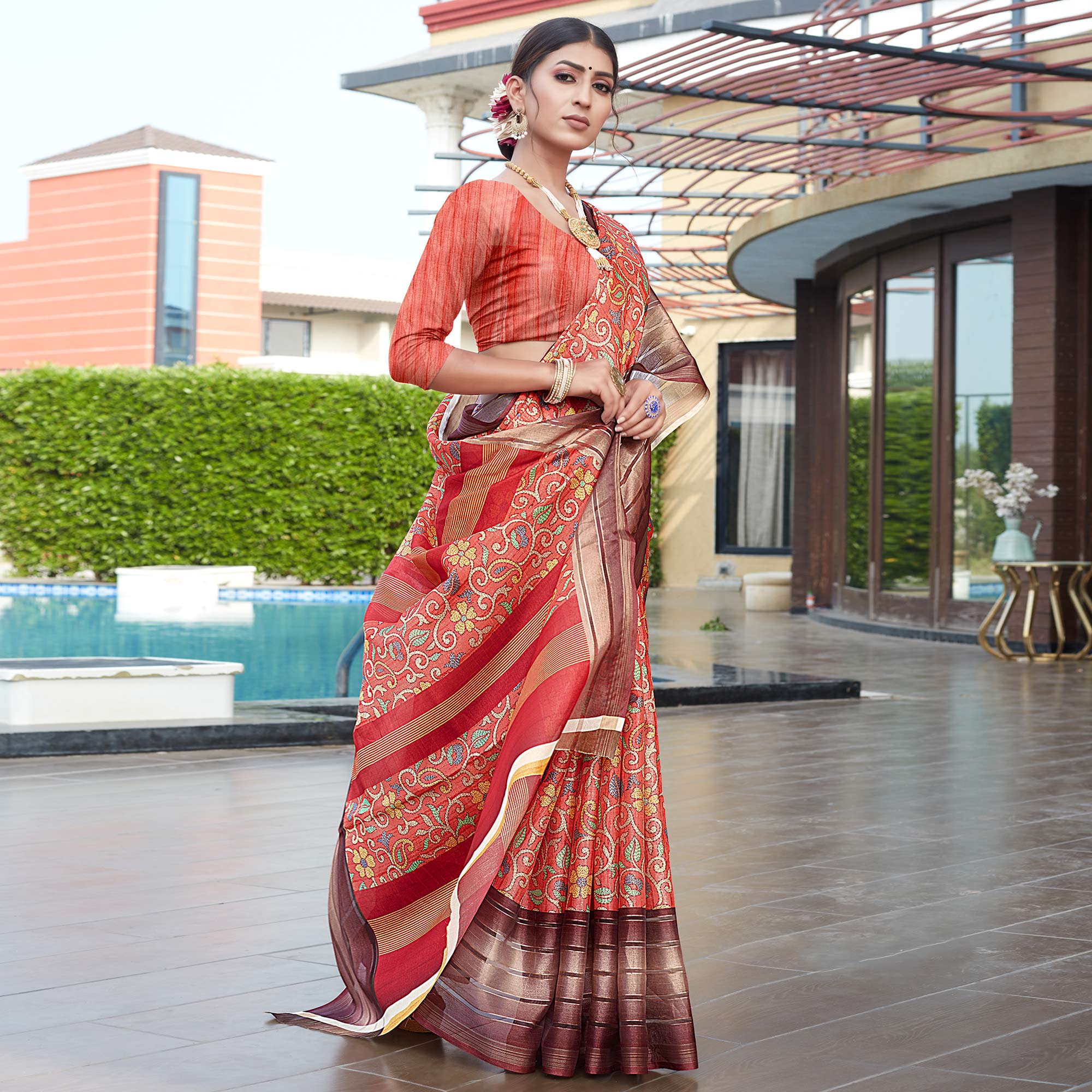 Red Floral Digital Printed Cotton Blend Saree