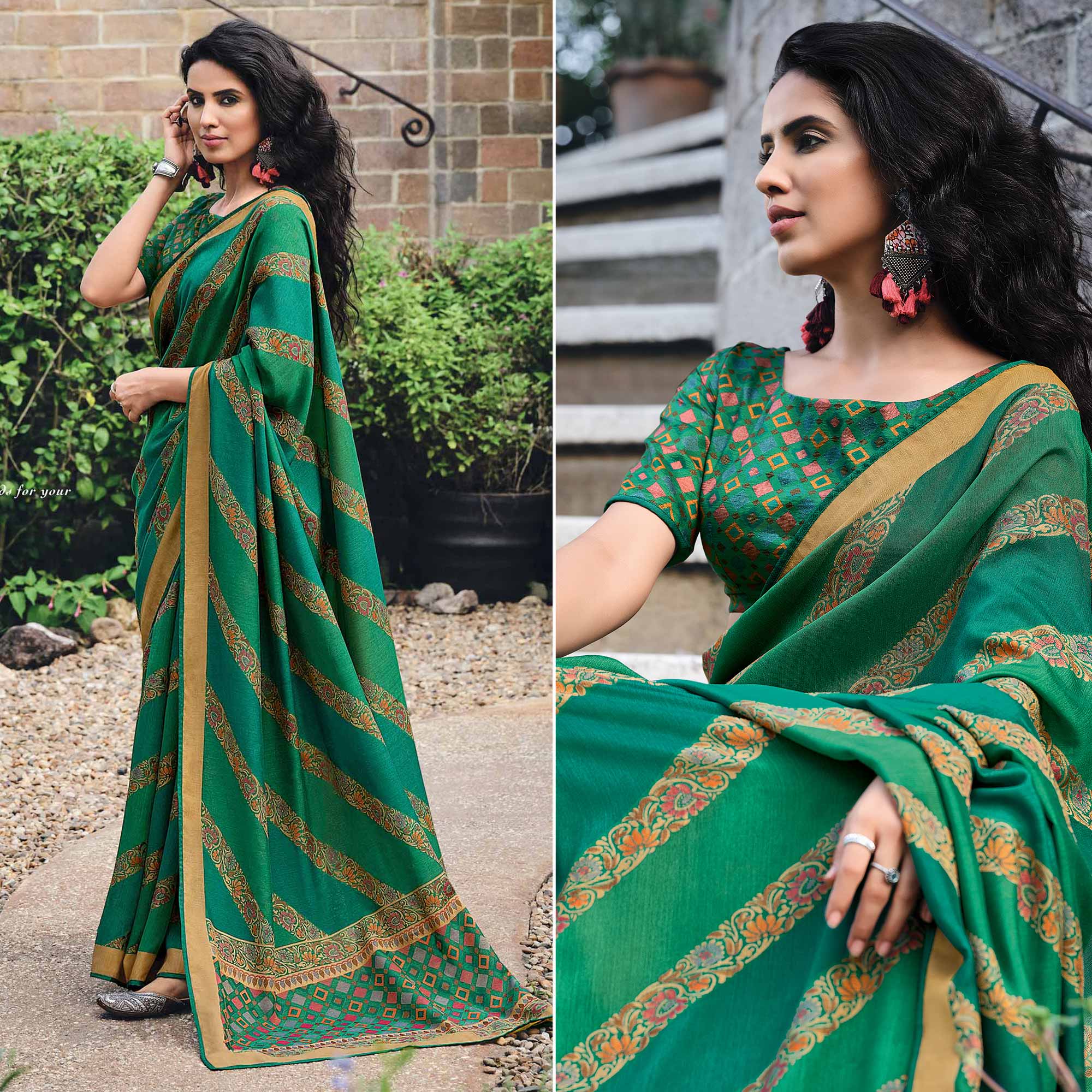 Green Floral Printed Raw Silk Saree