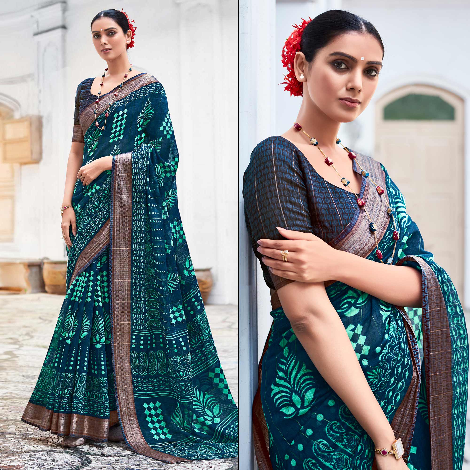 Blue & Green Printed With Woven Border Cotton Saree