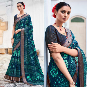 Blue & Green Printed With Woven Border Cotton Saree