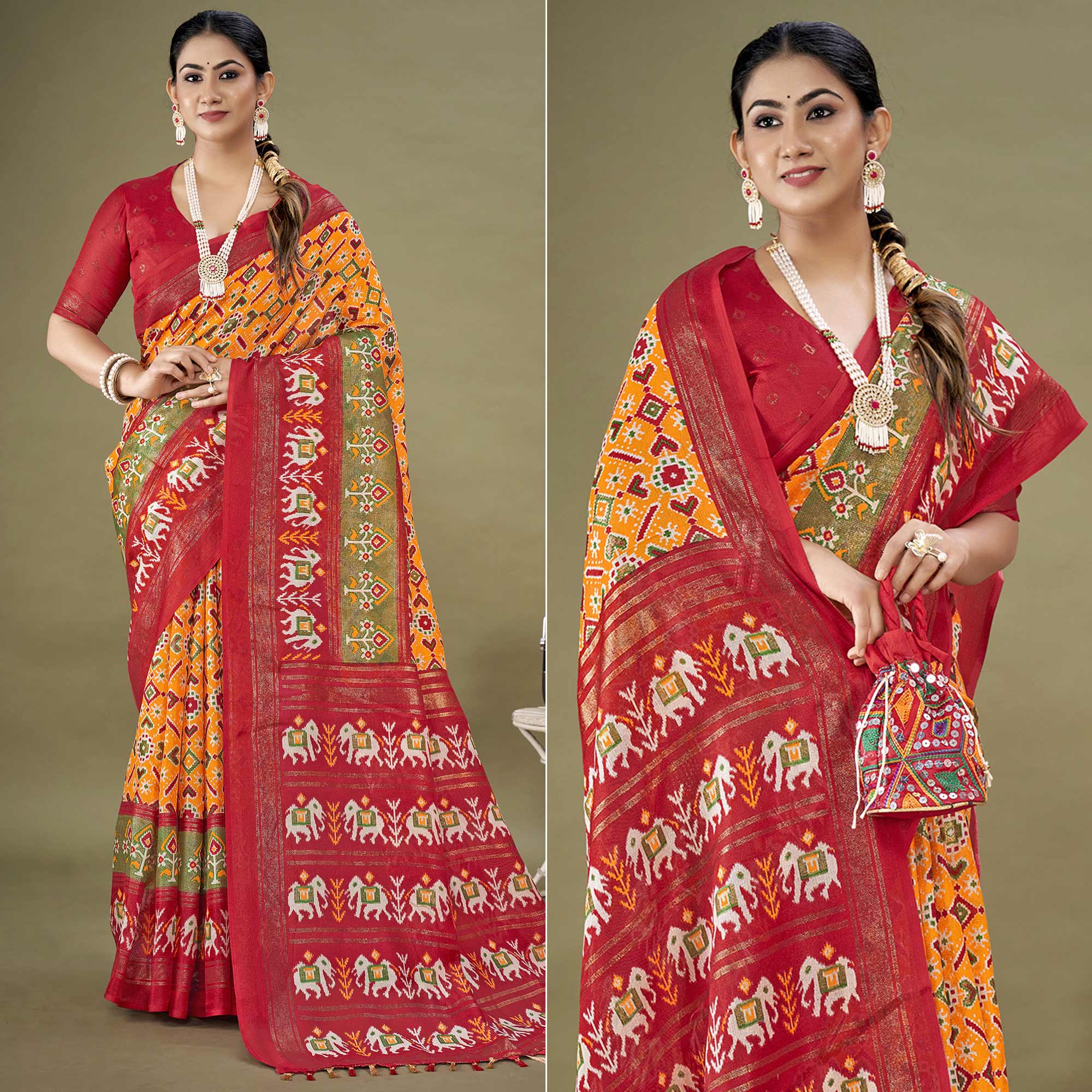 Orange Printed Jute Patola Saree