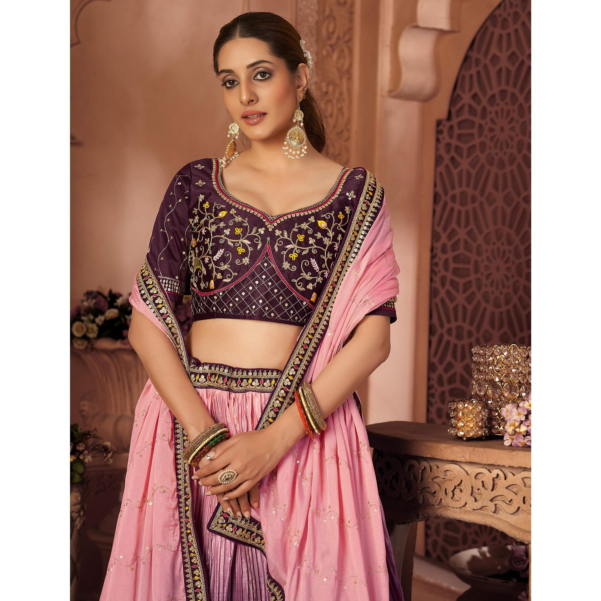 Wine & Pink Sequins Embroidered Chiffon Lehenga Choli