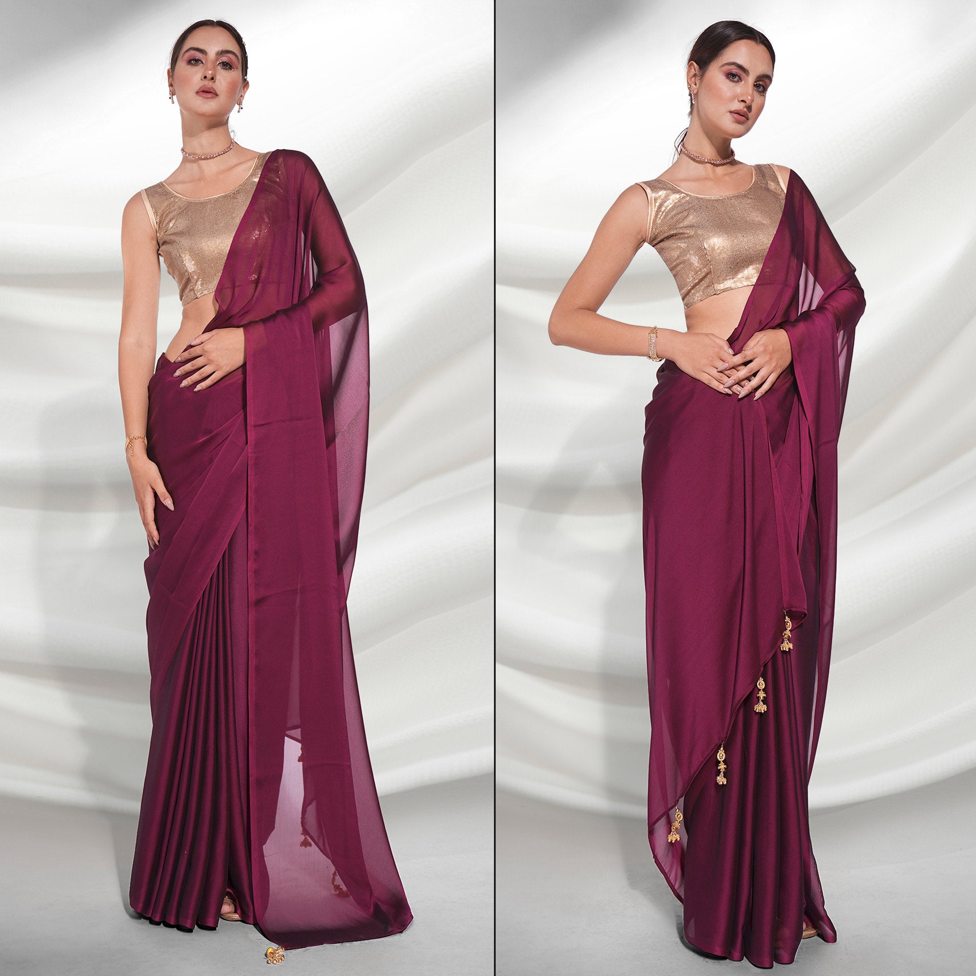 Dark Magenta Purple Solid Georgette Saree