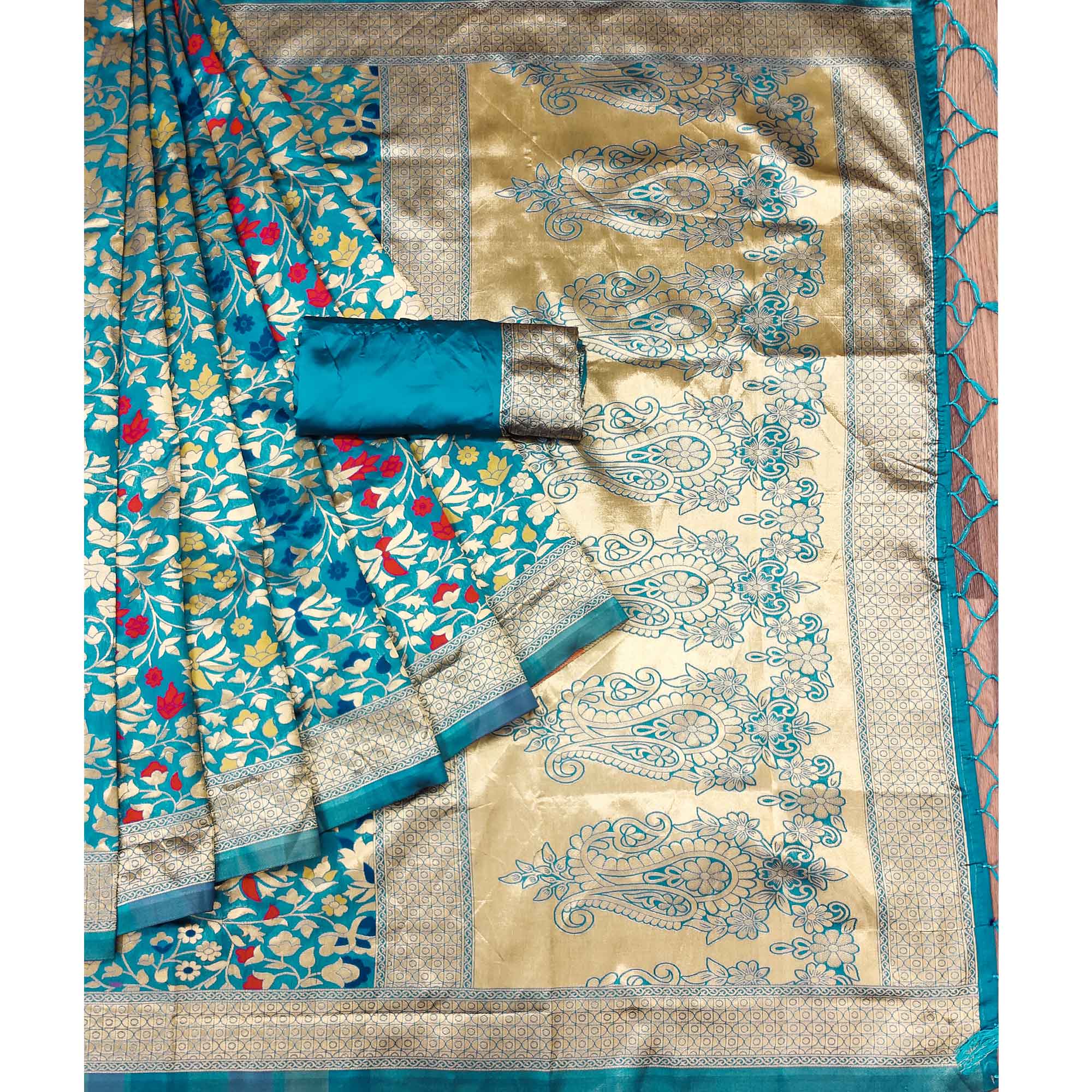 Blue Floral Woven Art Silk Saree
