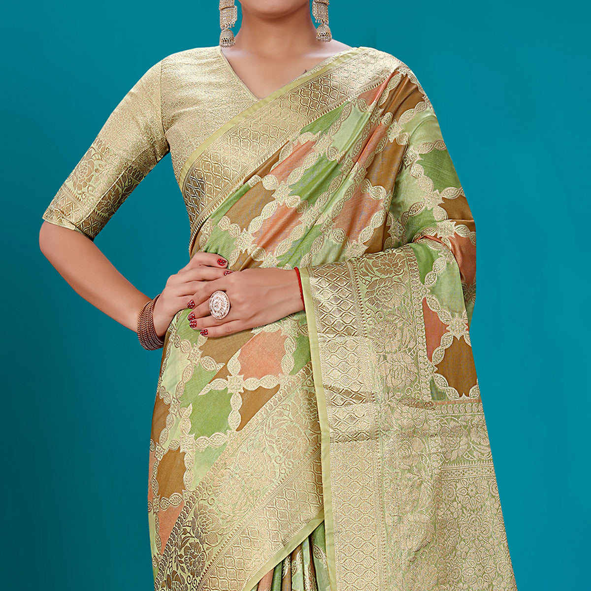Green Woven Organza Saree With Tassels