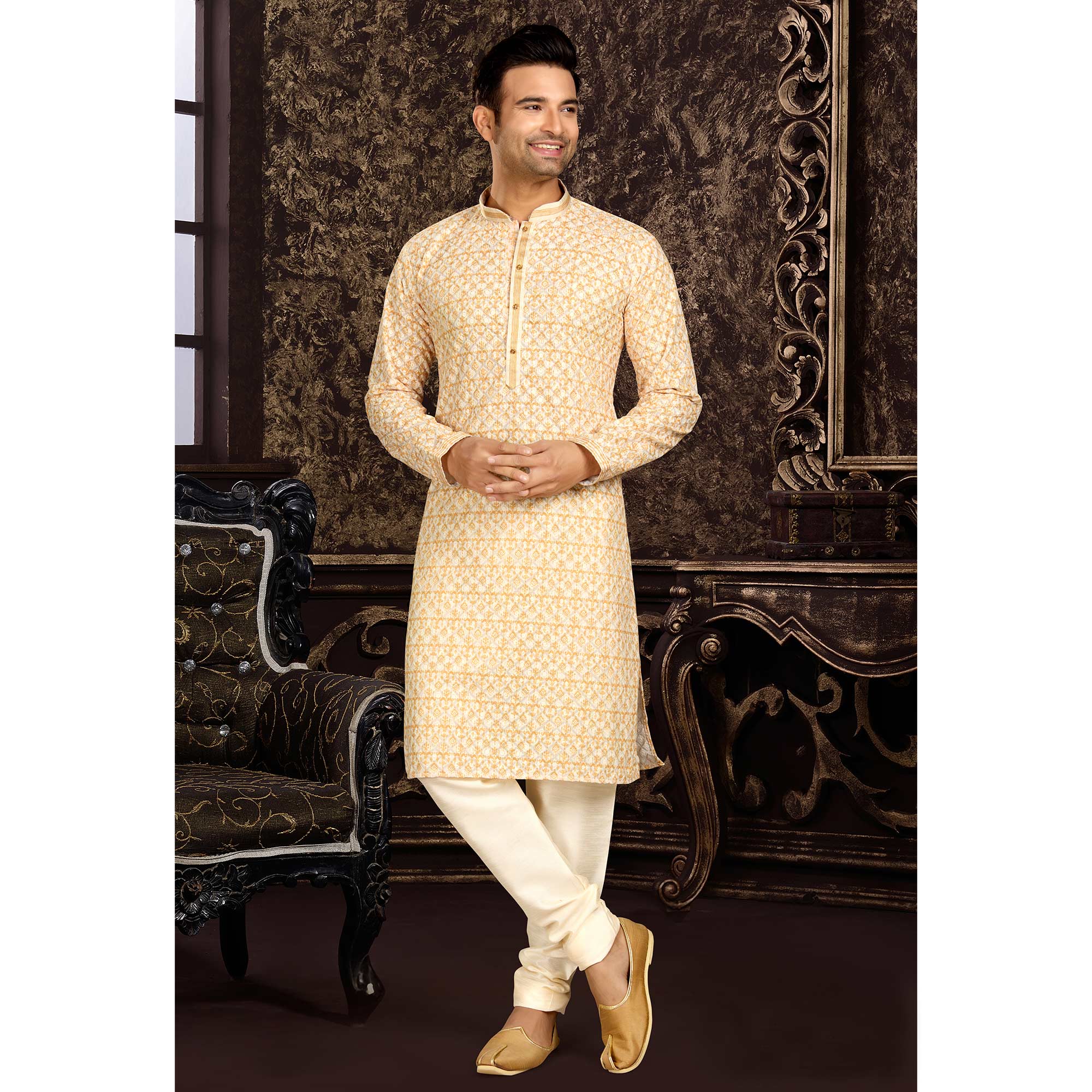 Light Yellow Lucknowi And Digital Printed Cotton Kurta Pyjama Set