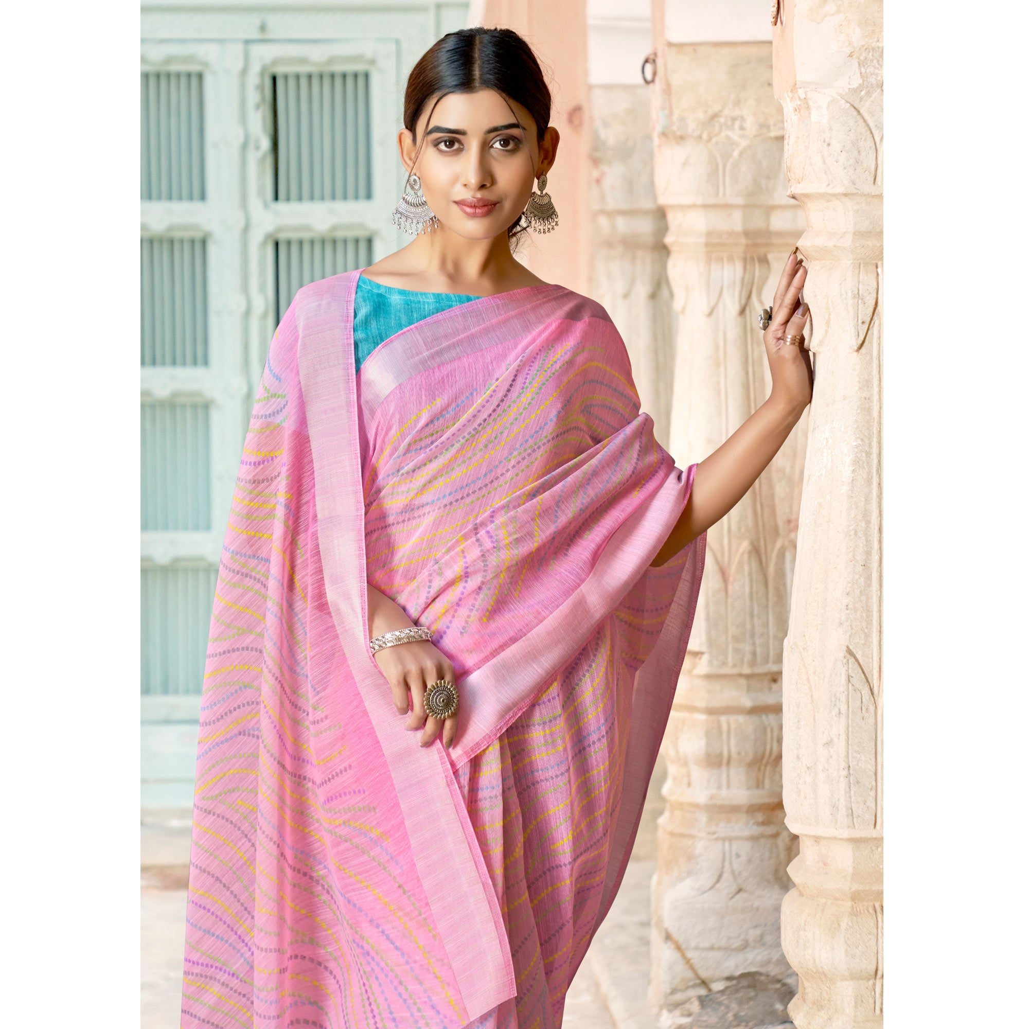 Pink Printed Cotton Blend Saree