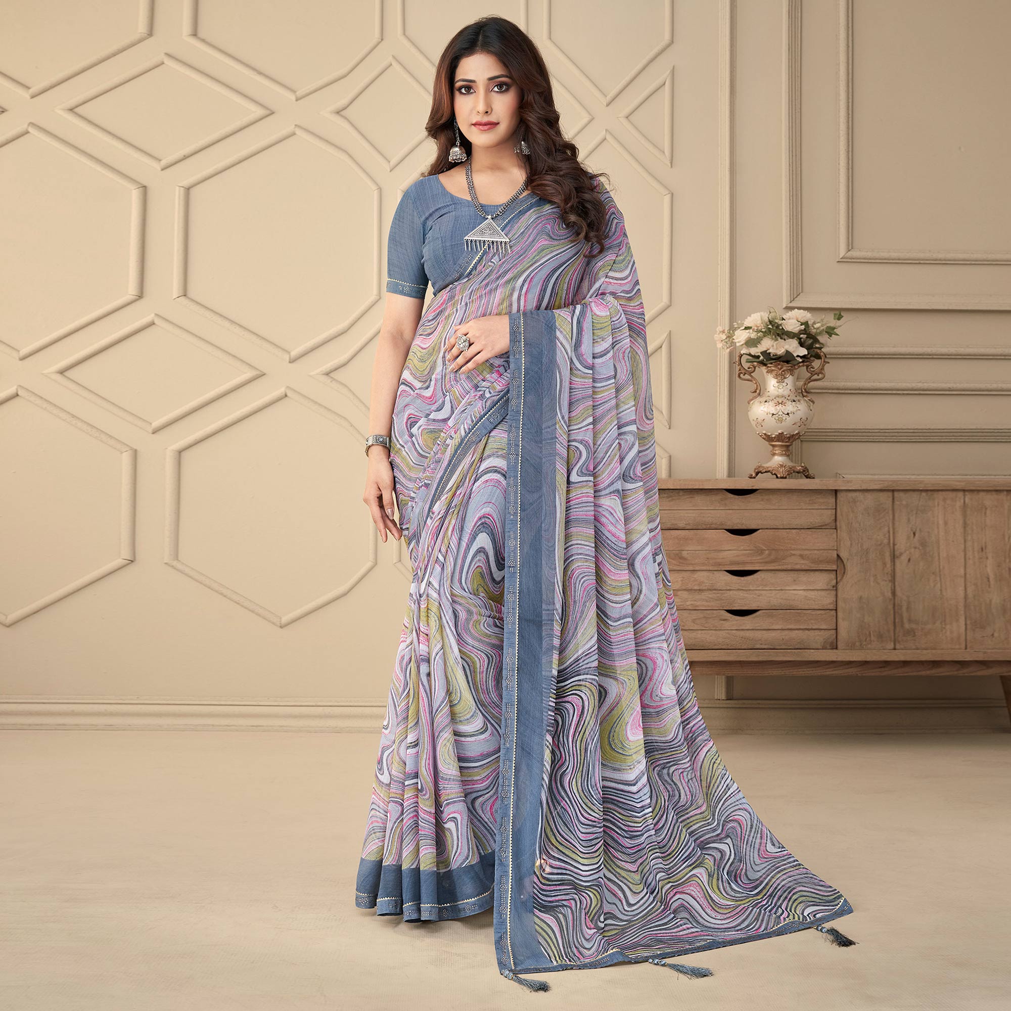 Grey Printed Chiffon Saree With Tassels