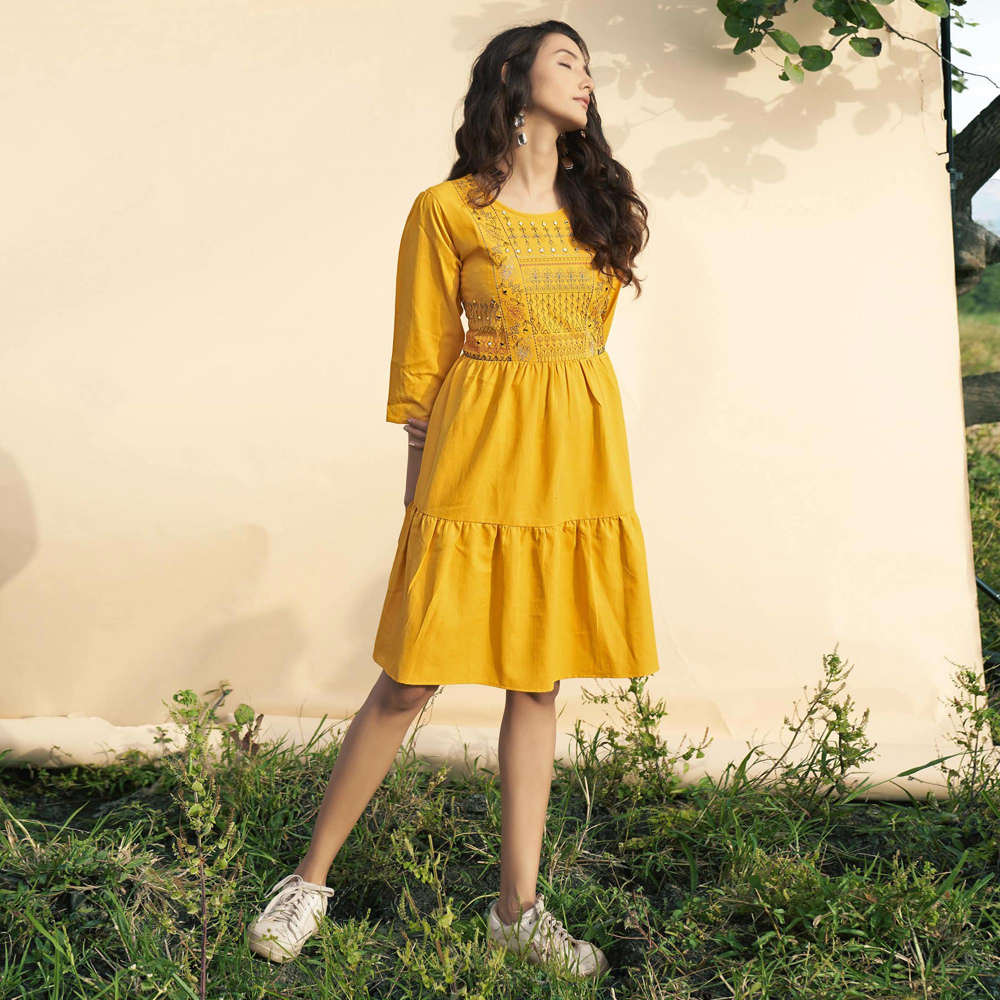 Yellow Embroidered Rayon Short Dress