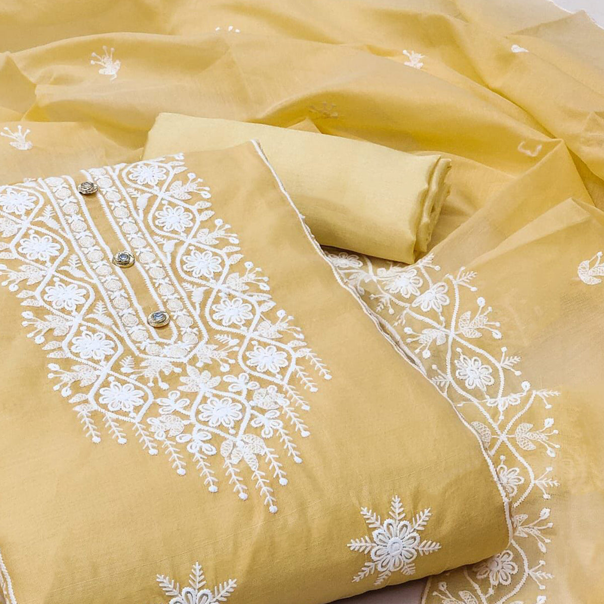 Yellow Floral Embroidered Chanderi Dress Material