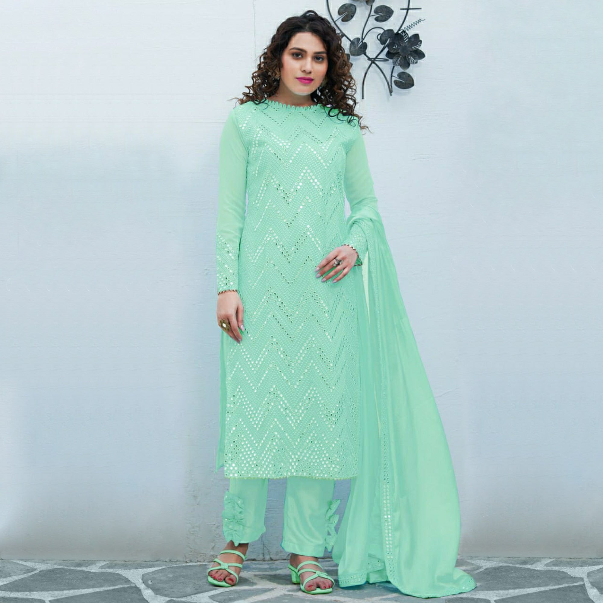 Aqua Green Mirror Embroidered Georgette Suit