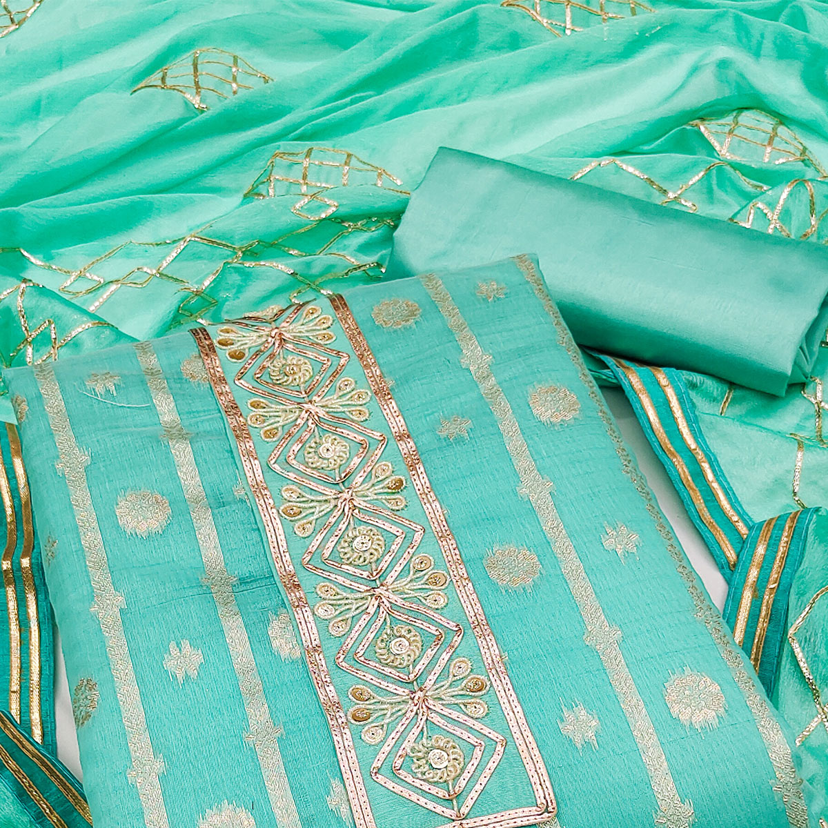 Turquoise Floral Woven Banarasi Silk Dress Material