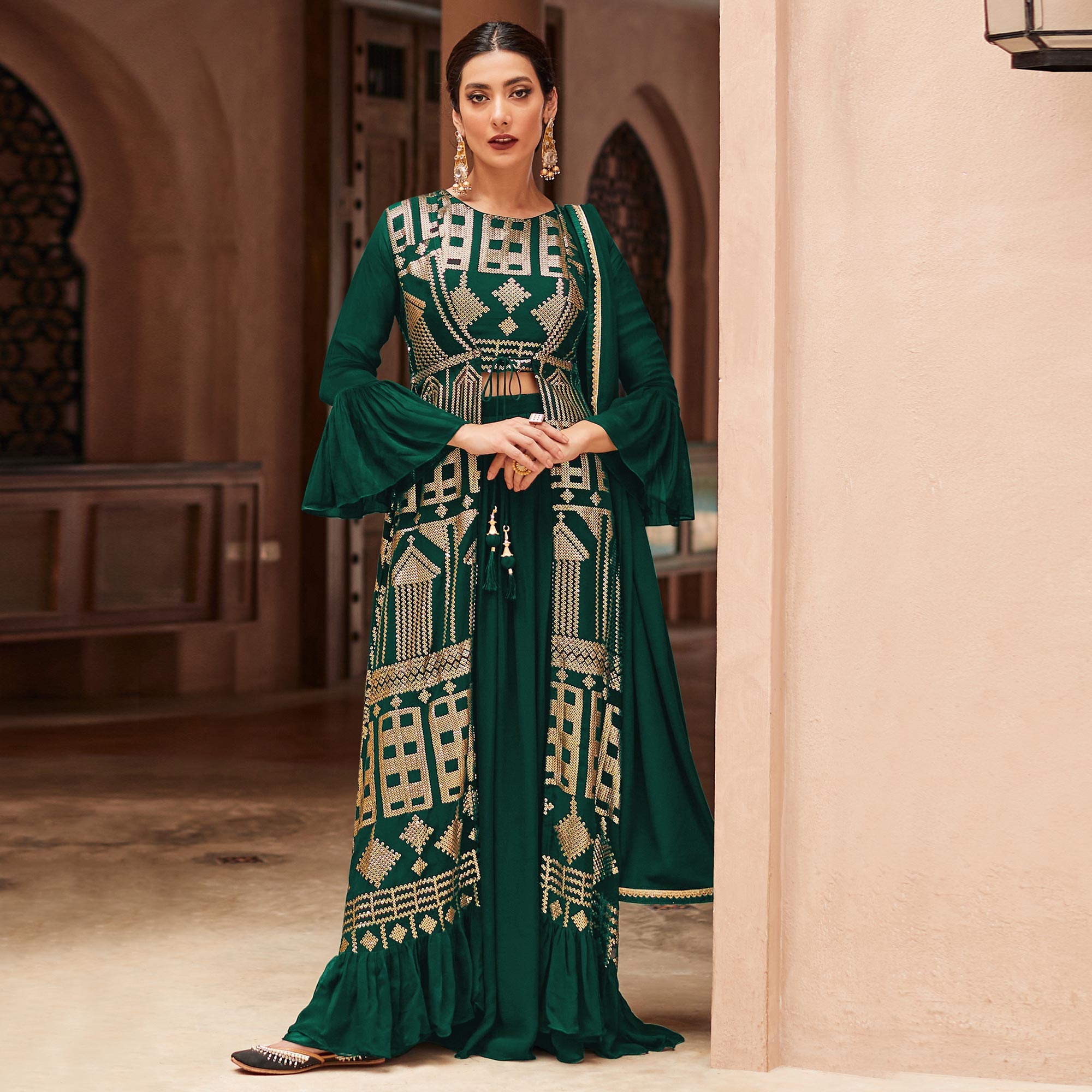 Green Sequins Embroidered Georgette Sharara Choli With Jacket