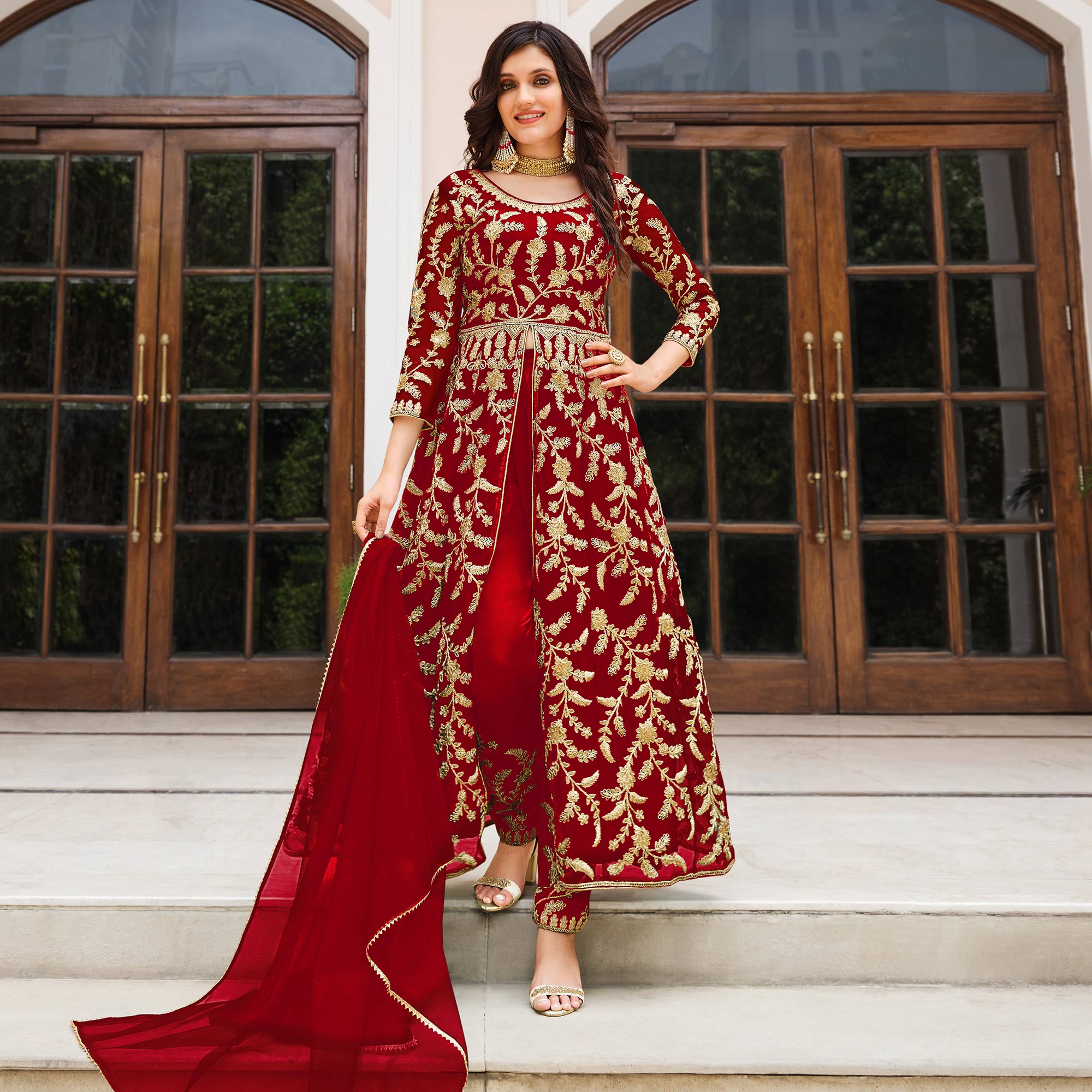 Red Floral Embroidered Net Suit