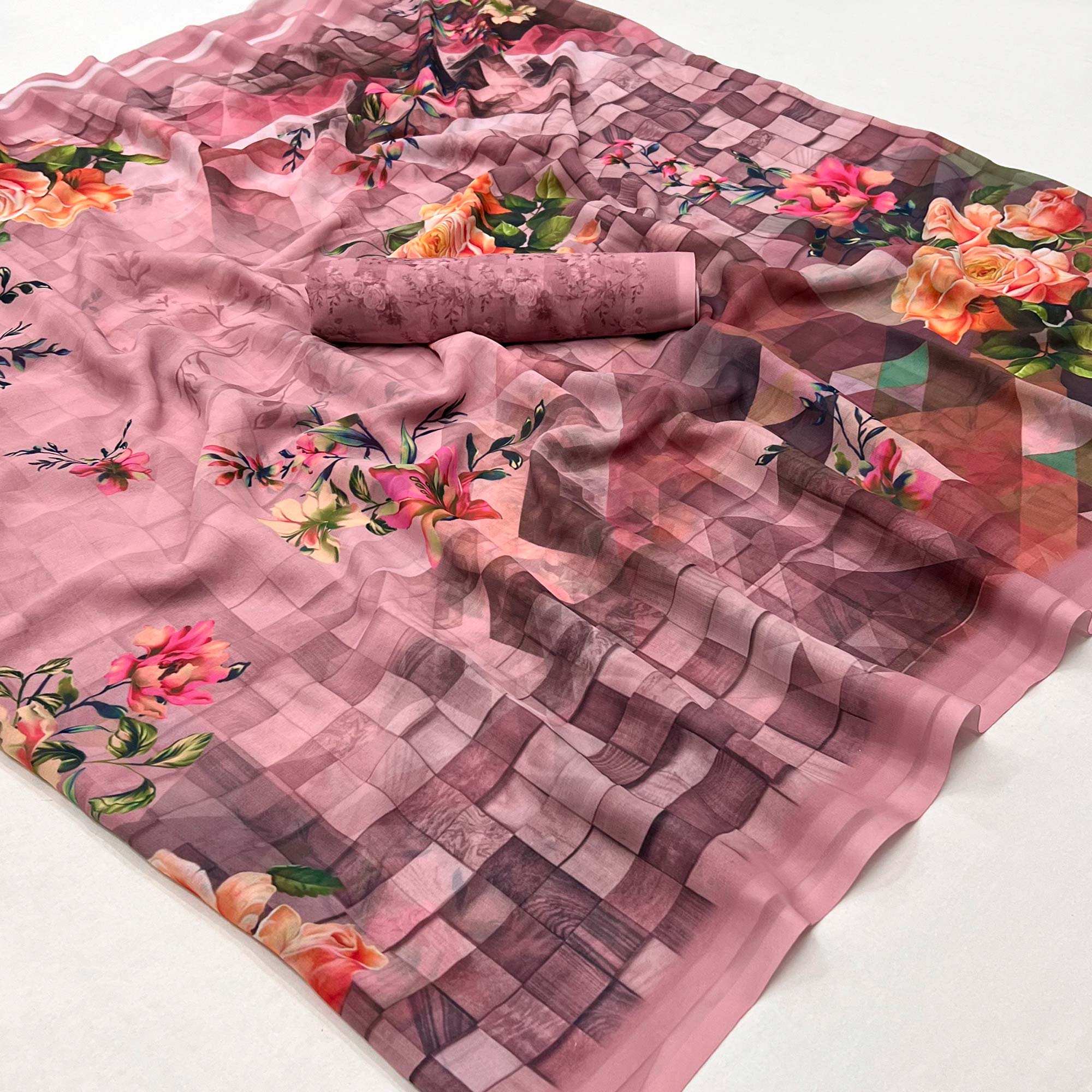 Peach Digital Printed Georgette Saree