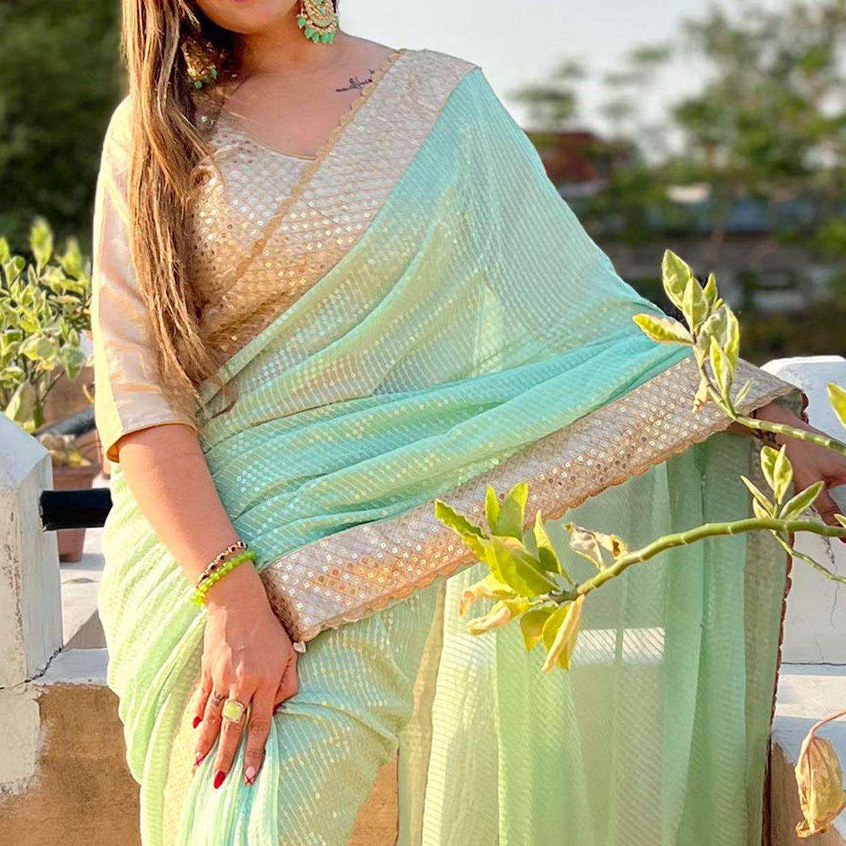 Pista Green Sequins Embroidered Georgette Saree