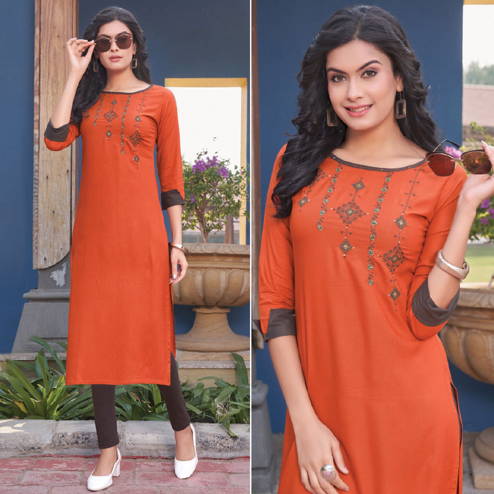 Orange Embroidered Rayon Kurti