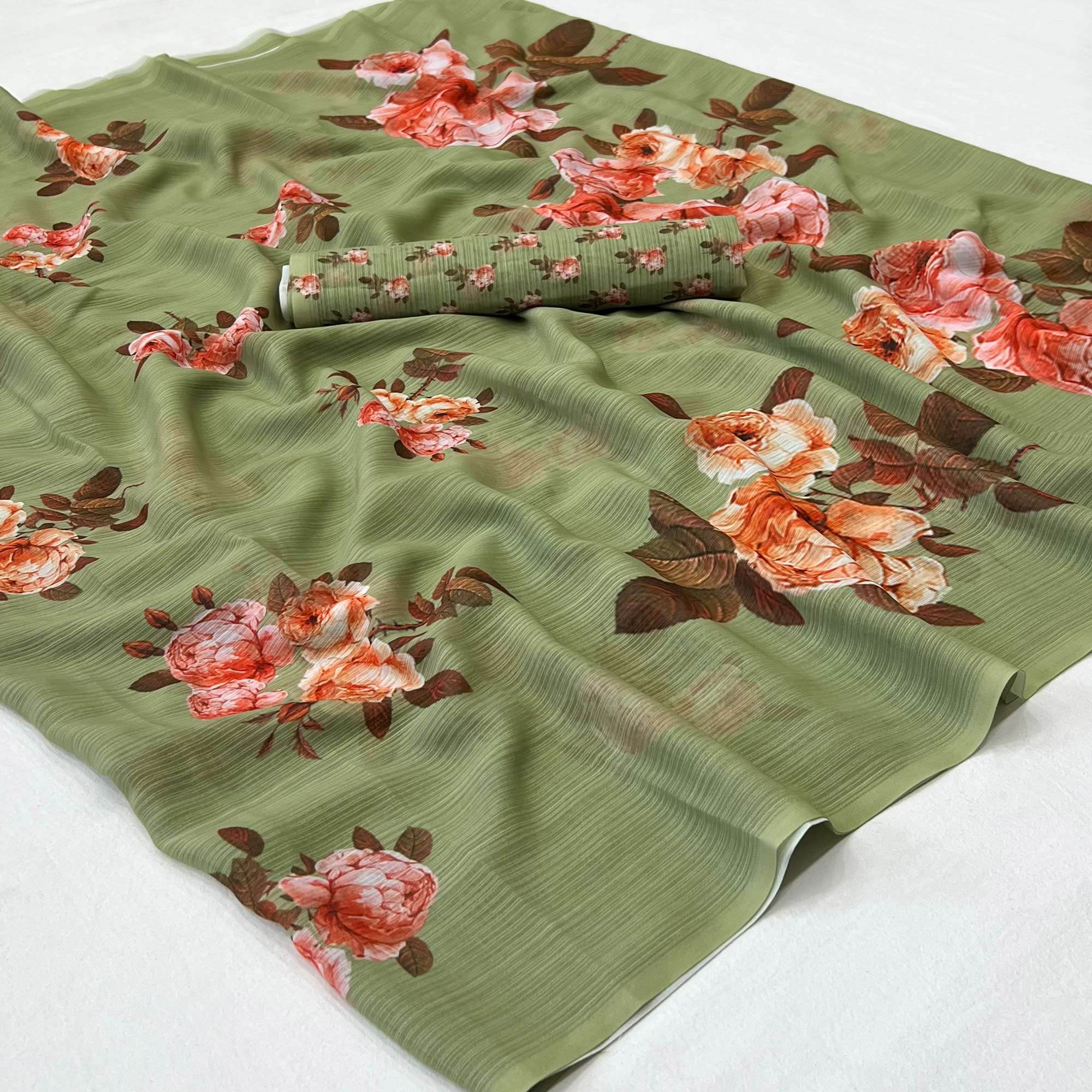 Green Floral Digital Printed Georgette Saree