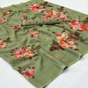 Green Floral Digital Printed Georgette Saree