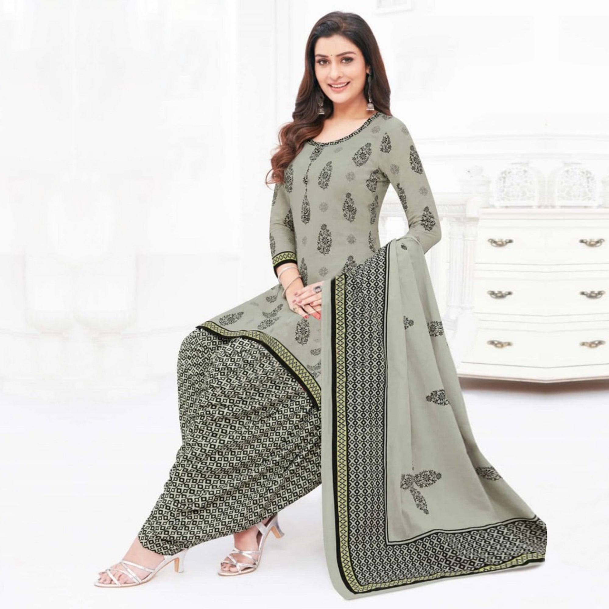 Grey Printed Crepe Patiala Dress Material
