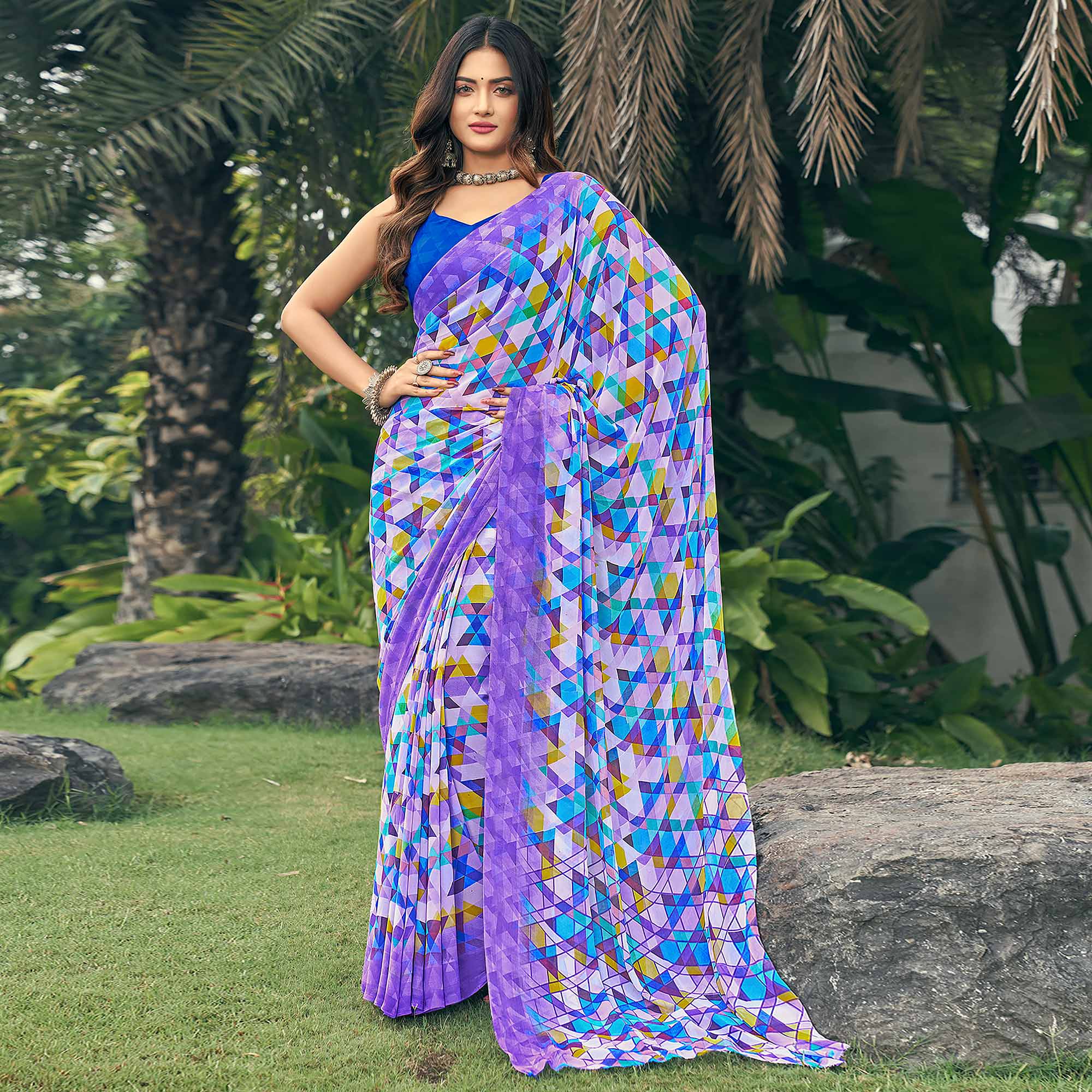 Multicolored Geometric Printed Georgette Saree