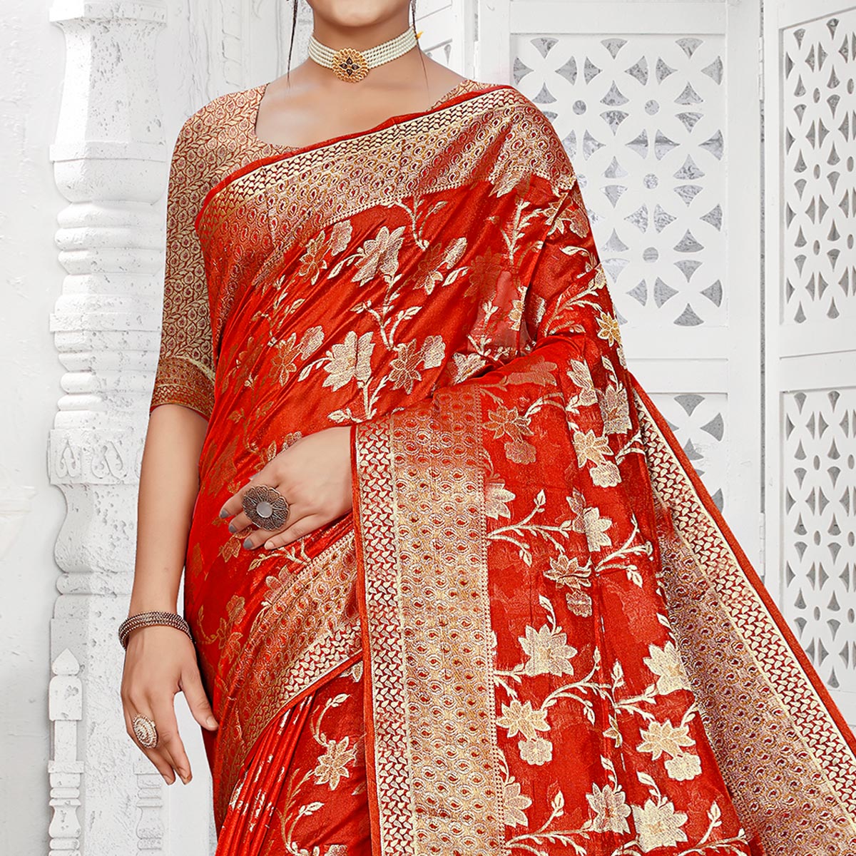 Red Floral Woven Organza Saree With Tassels