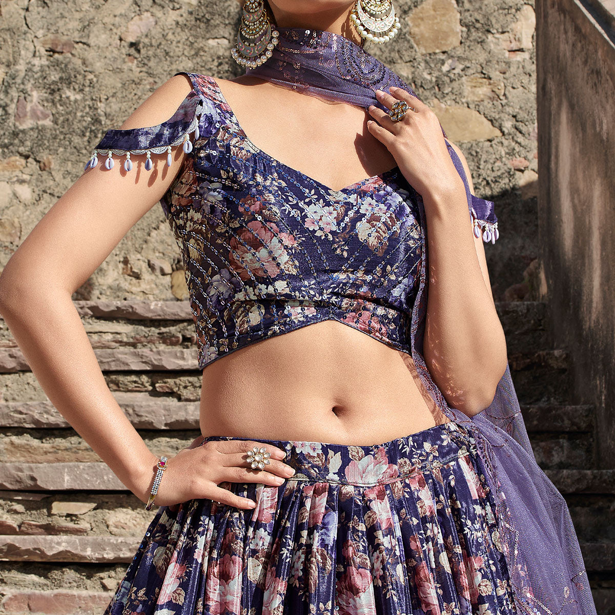 Purple Printed With Sequins Embroidered Georgette Lehenga Choli