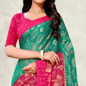 Sea Green Foil Printed Brasso Saree