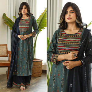 Blue Printed With Embroidered Rayon Palazzo Suit