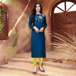 Blue Floral Embroidered Rayon Kurti