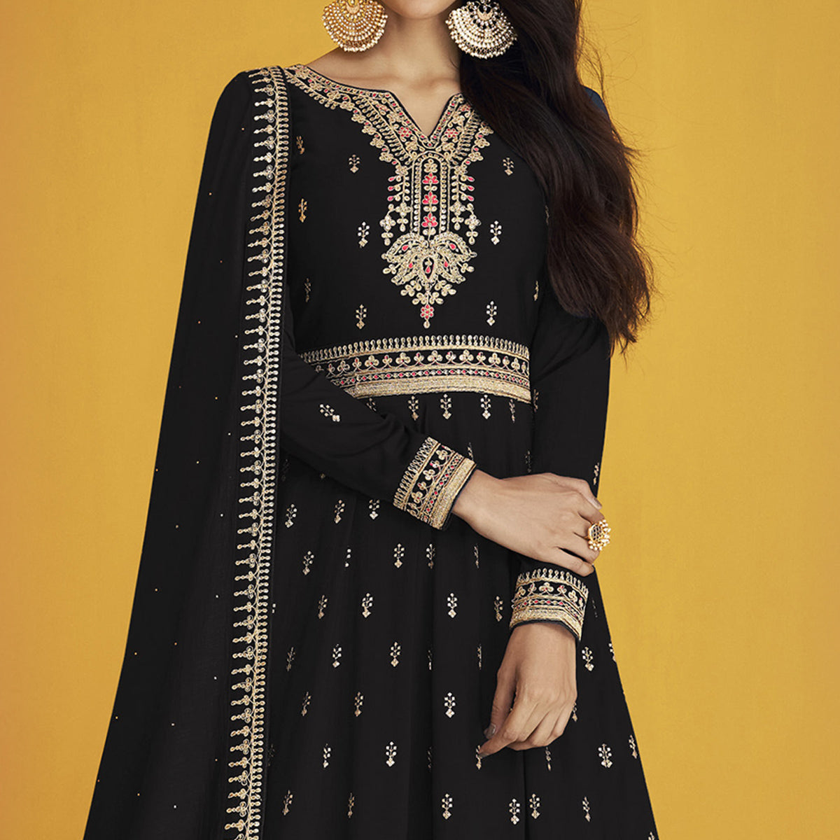 Black Sequins Embroidered Georgette Semi Stitched Anarkali Suit