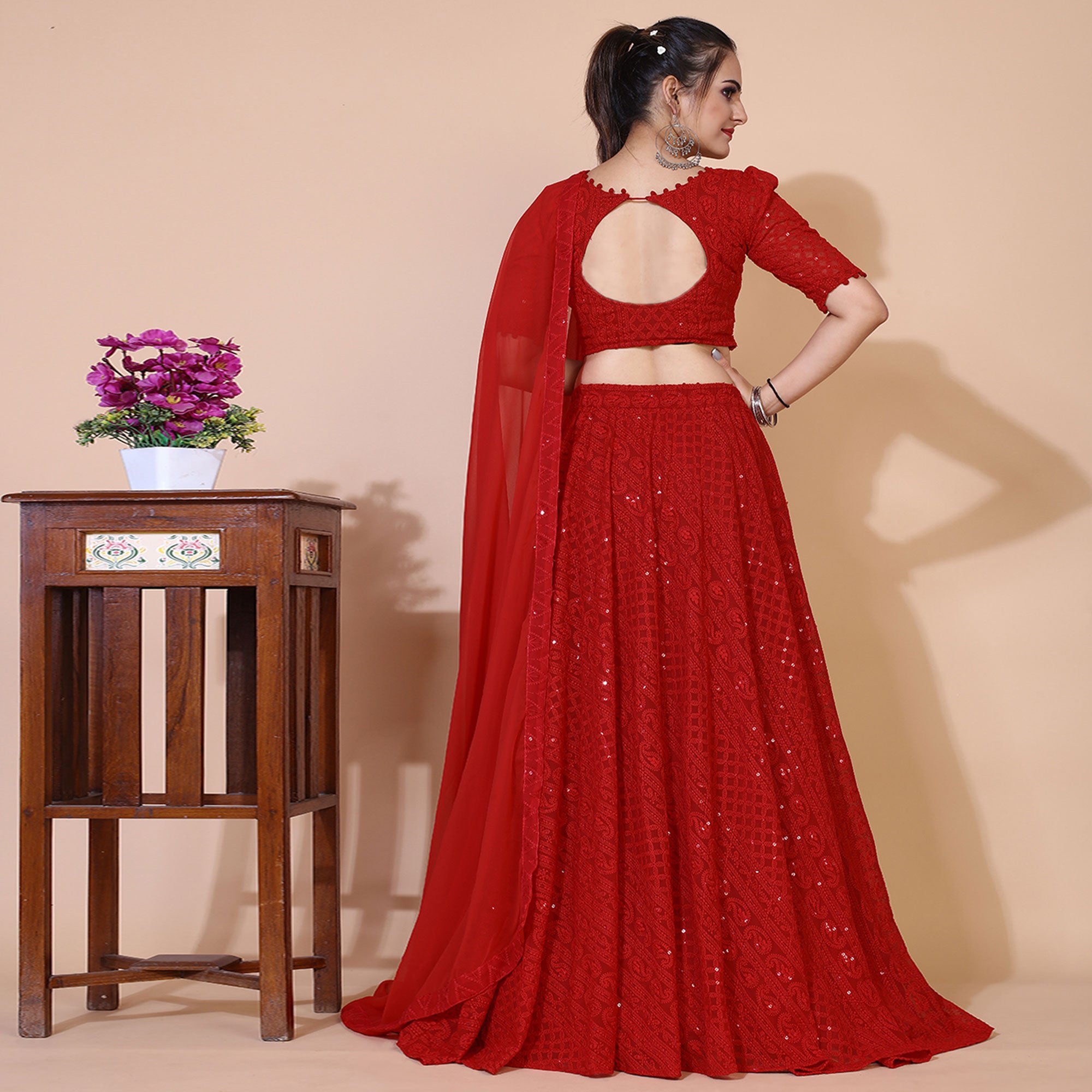 Red Lucknowi Chikankari Work Georgette Lehenga Choli