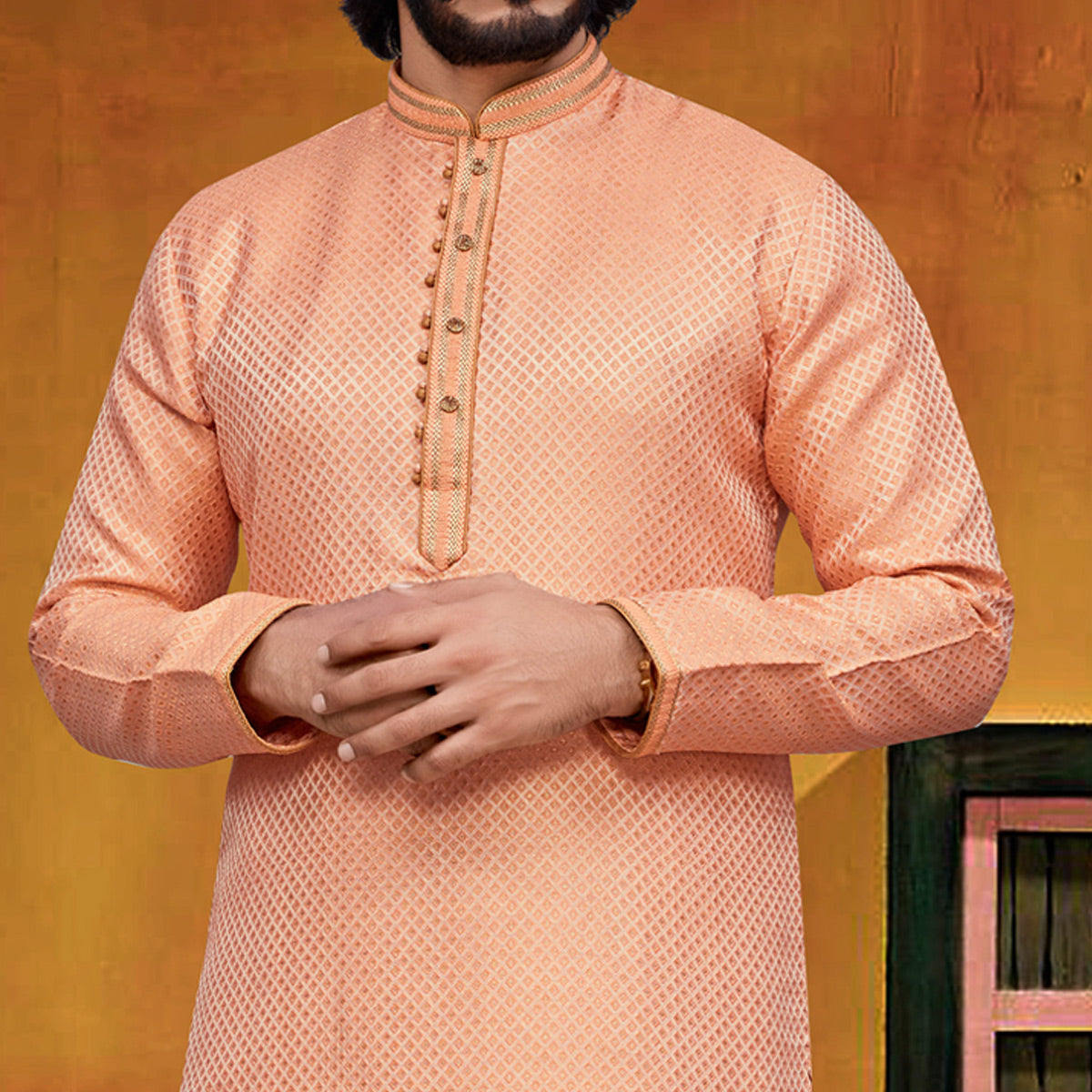 Peach Woven Jacquard Kurta Pyjama Set