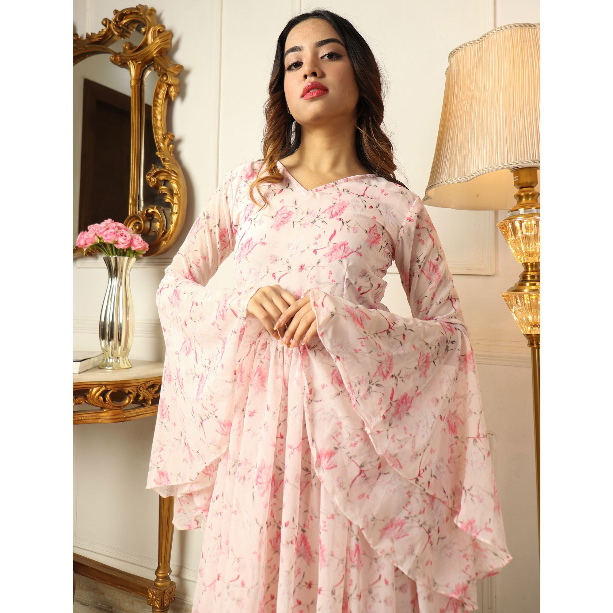 Light Pink Floral Printed Georgette Dress