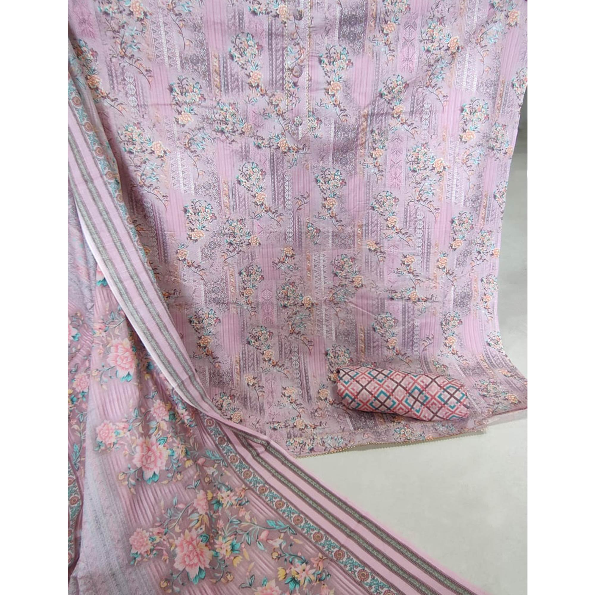 Pink Floral Printed Cotton Blend Dress Material