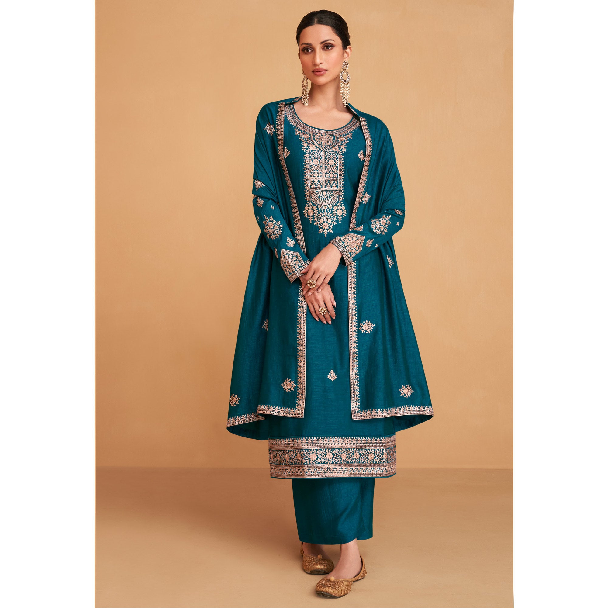Rama Blue Embroidered Art Silk Palazzo Suit