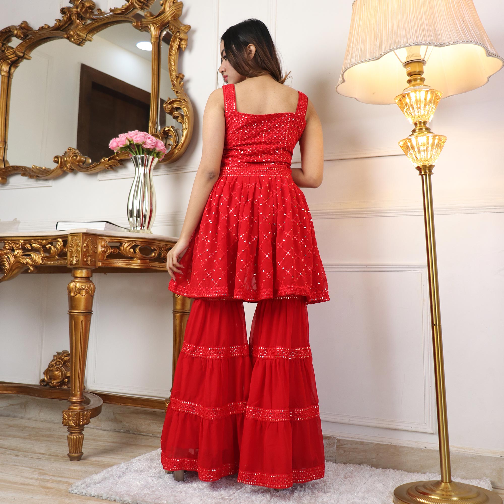 Red Sequins Embroidered Georgette Sharara Suit