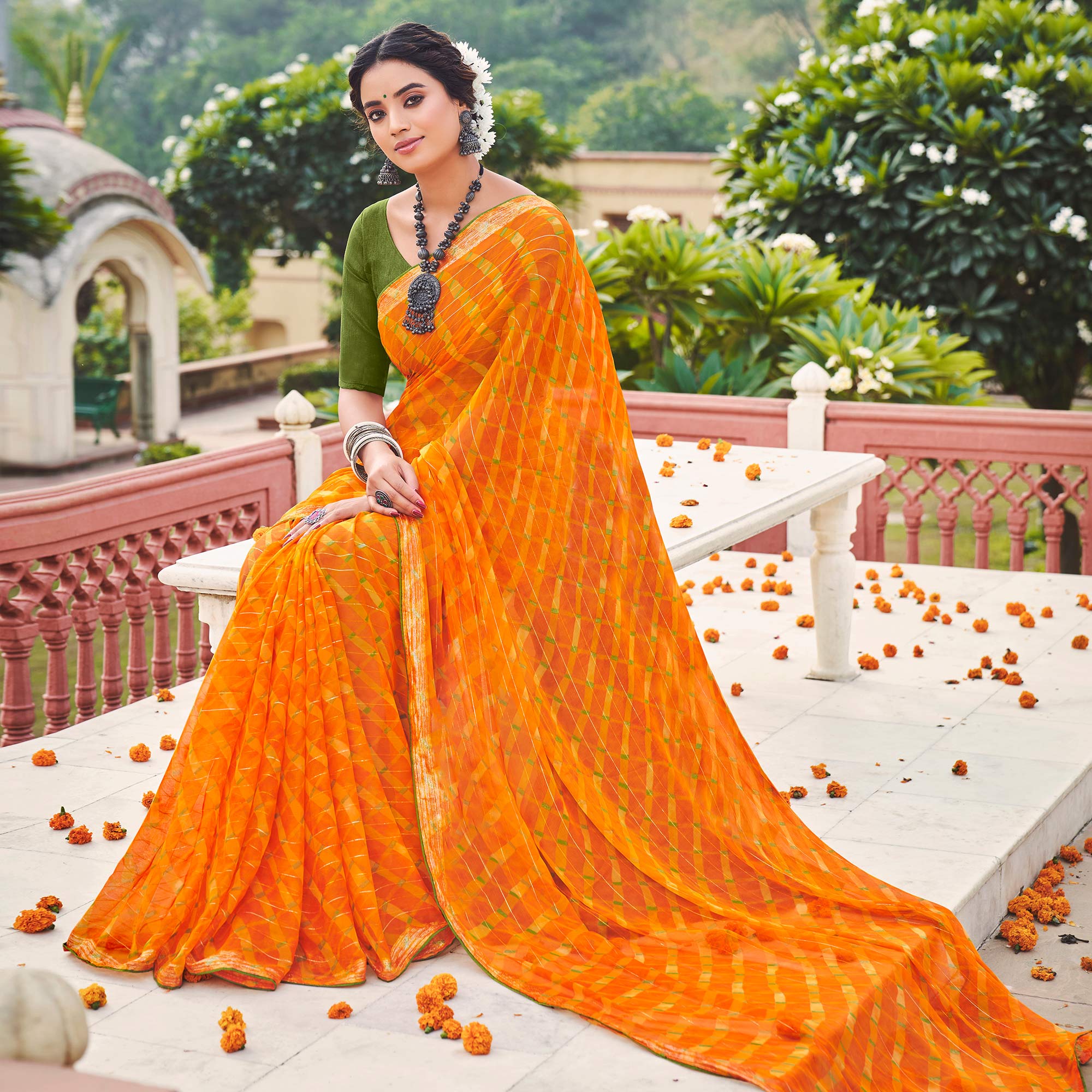 Orange Printed Chiffon Saree