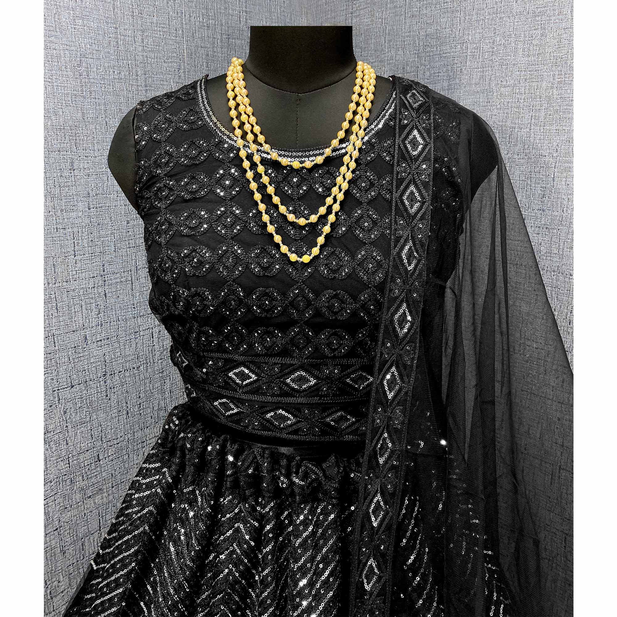 Black Sequins Embroidered Netted Lehenga Choli
