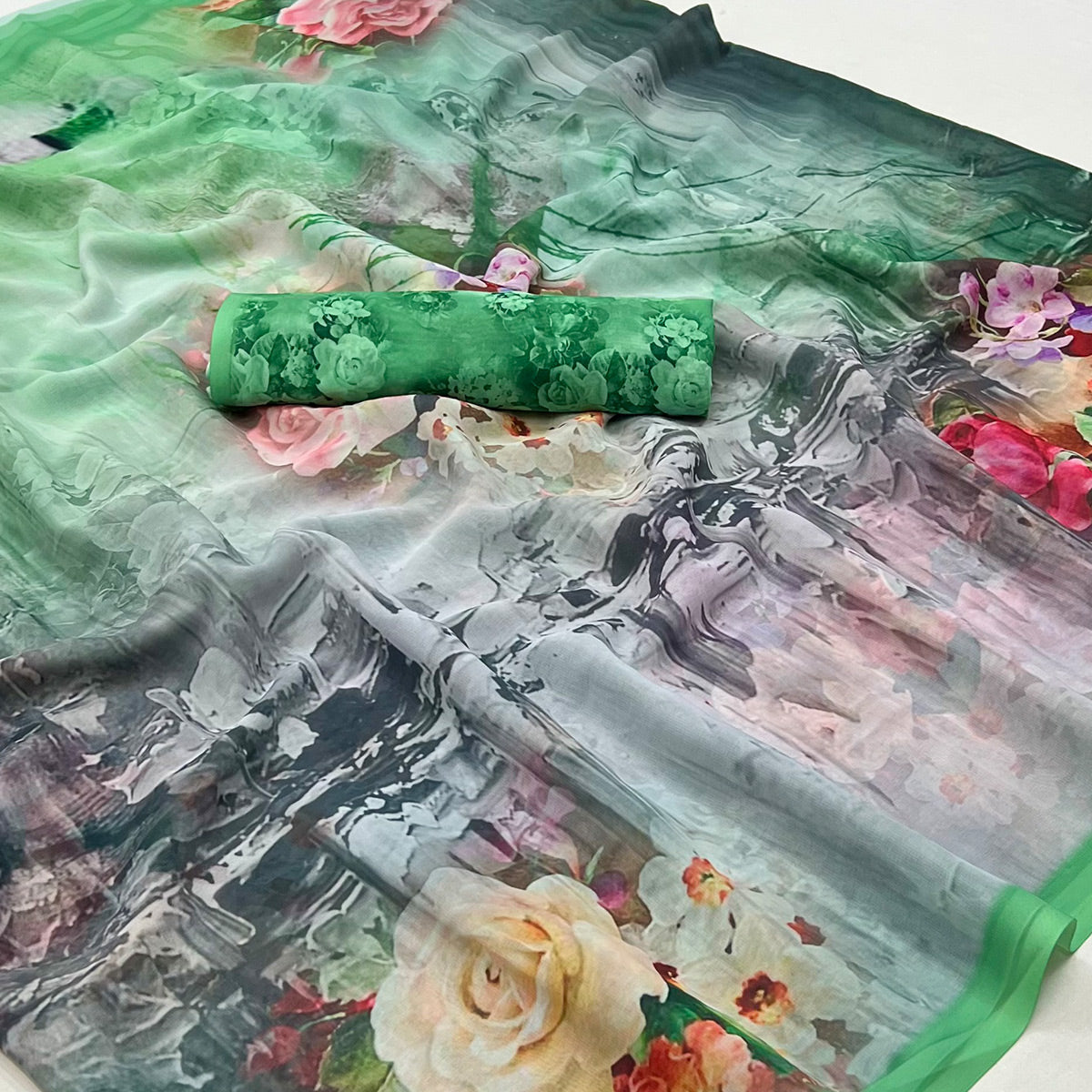 Green Digital Printed Georgette Saree