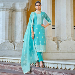 Aqua Blue Woven Pure Cotton Suit