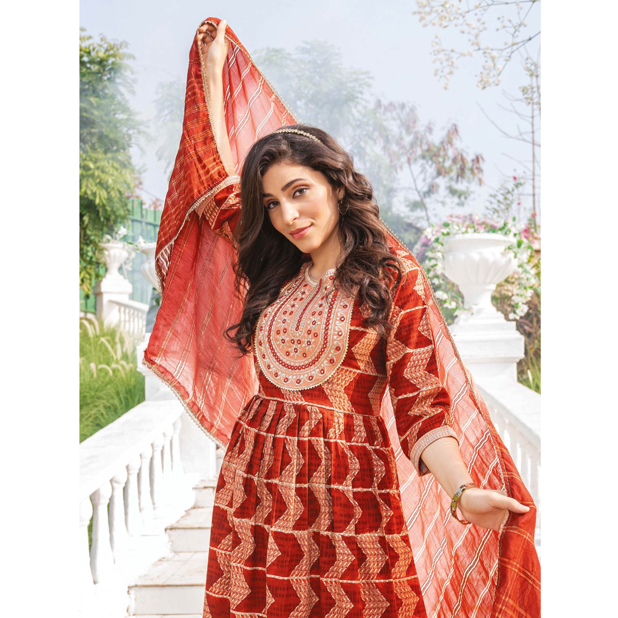 Rust Foil Printed Rayon Naira Cut Suit