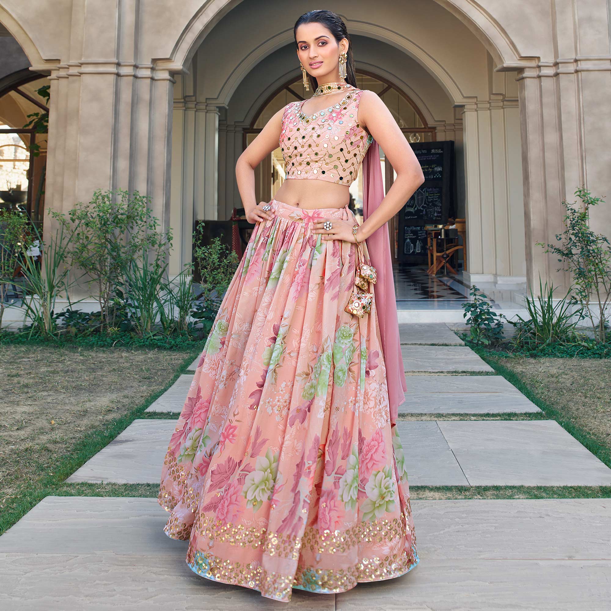 Pink Printed With Sequins Embroidered Georgette Lehenga Choli