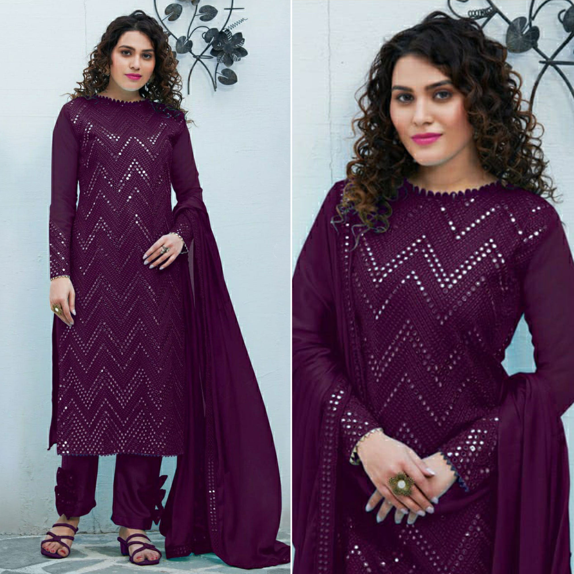 Purple Mirror Embroidered Georgette Suit