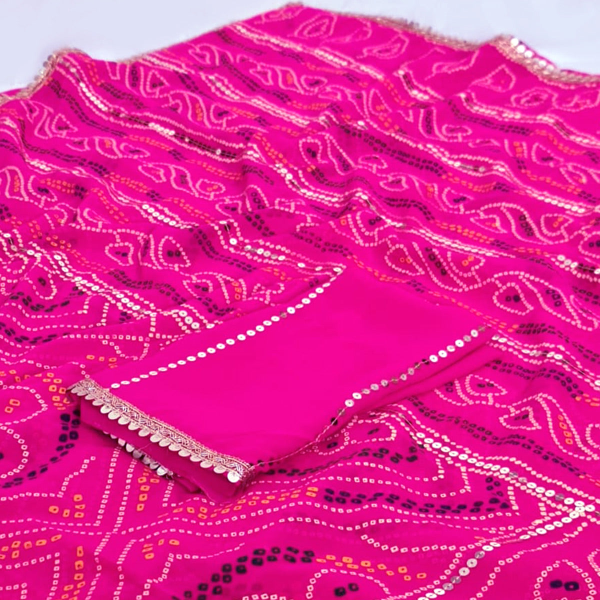 Pink Bandhani Printed With Sequins Work Georgette Saree
