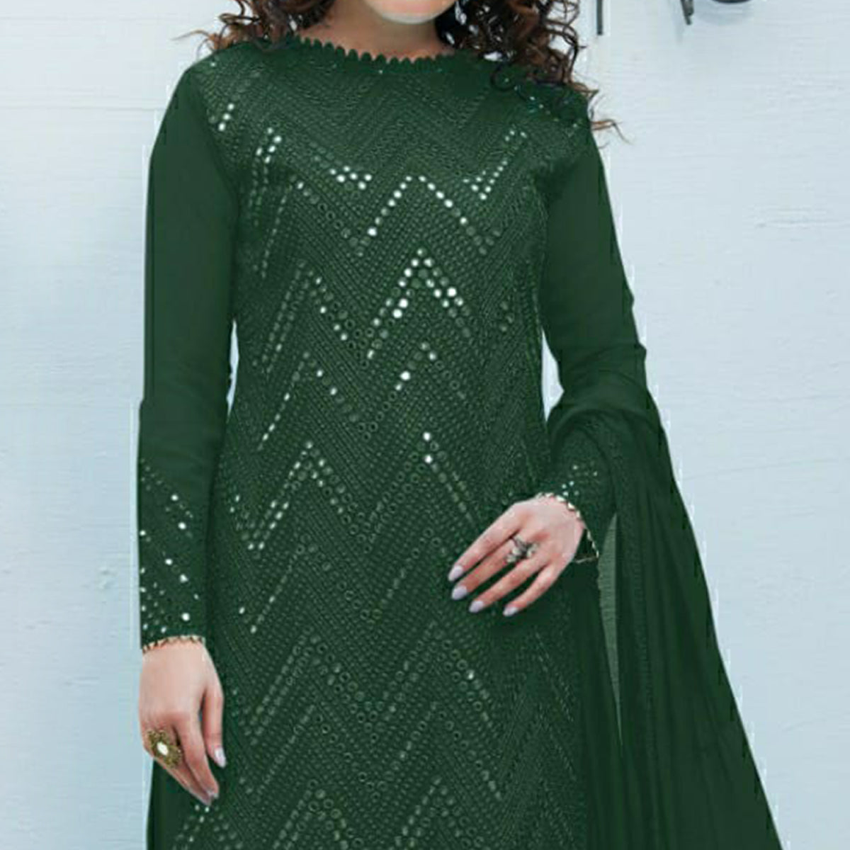 Green Mirror Embroidered Georgette Suit