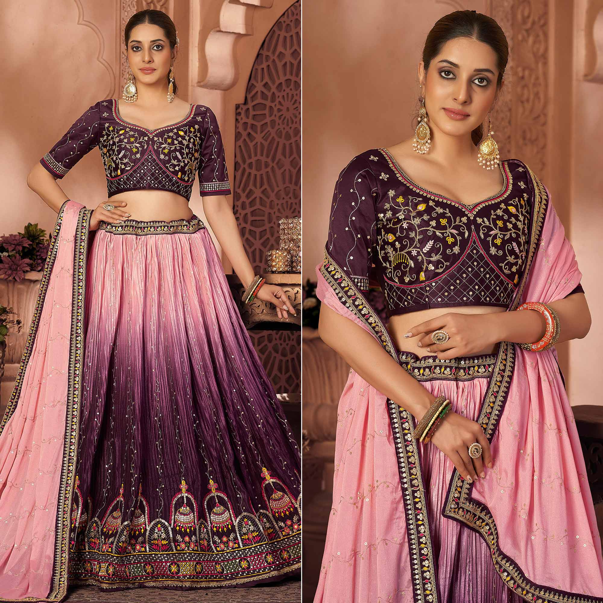 Wine & Pink Sequins Embroidered Chiffon Lehenga Choli