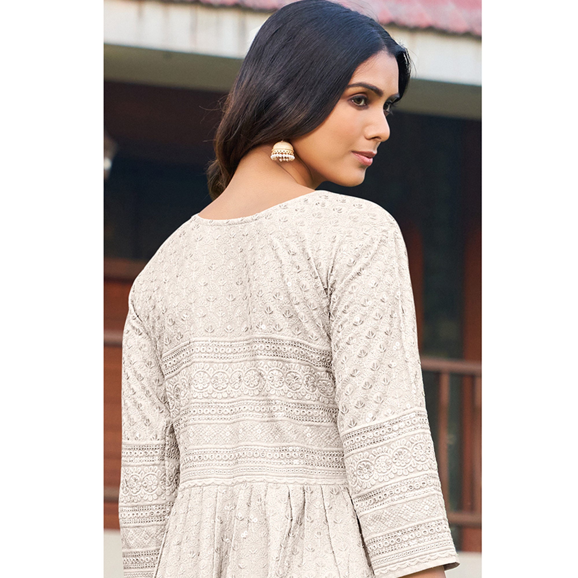 White Sequins Embroidered Rayon Naira Cut Kurti