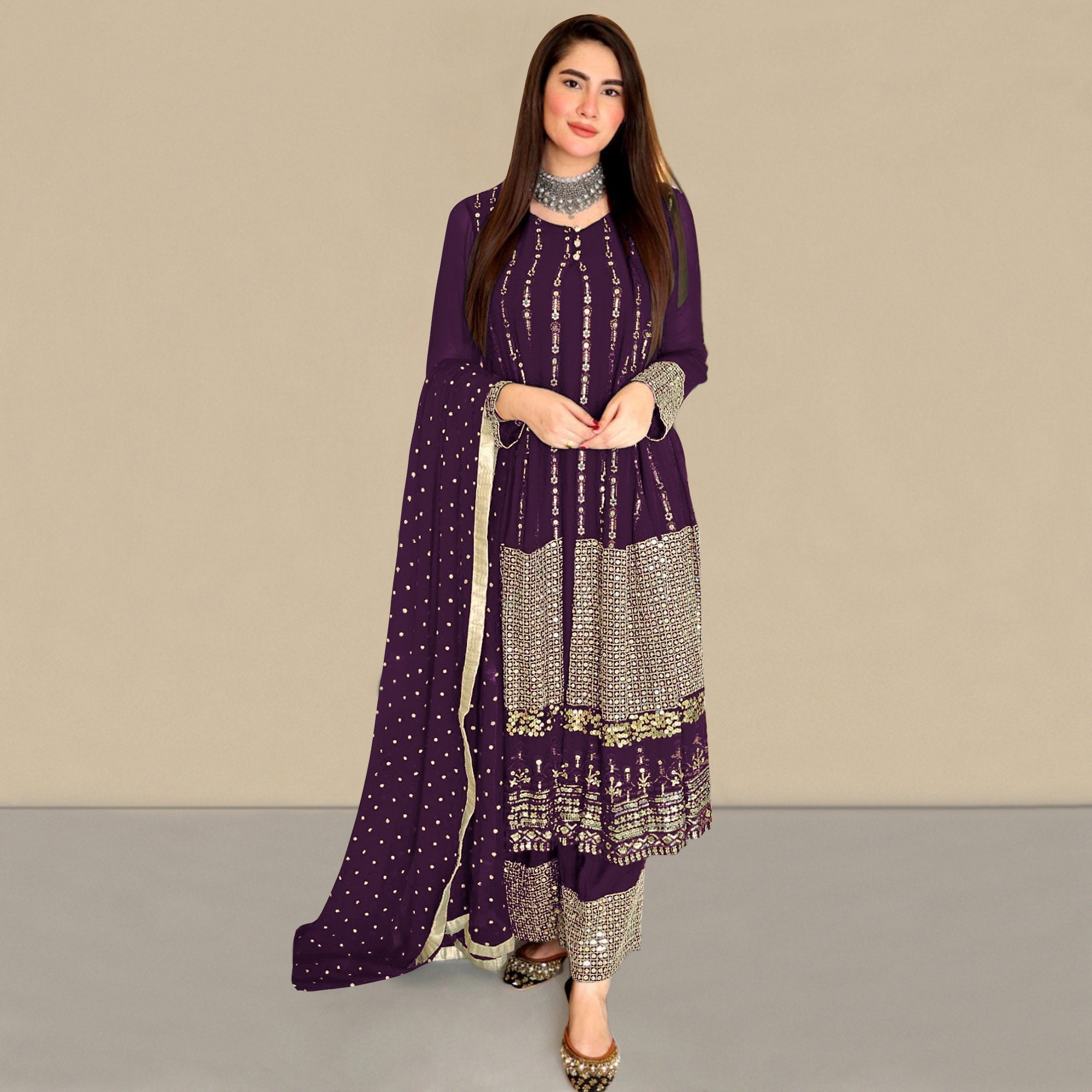Purple Sequins Embroidered Georgette Pakistani Suit
