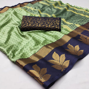 Pista Green Woven Cotton Silk Saree With Tassels